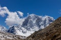 Himalayan mountains in Nepal. Snow summit himalaya peaks in Solo Khumbu region, Everest Base Camp Trek Royalty Free Stock Photo