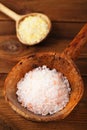 Himalayan Pink Crystal Rock salt in rustic spoon Royalty Free Stock Photo