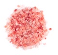 Himalayan pink salt isolated on white background. Himalayan pink salt in crystals. Top view