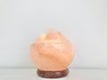 Himalayan pink salt lamp carved as a bowl with white background.