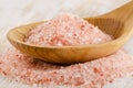 Himalayan pink salt in wooden spoon