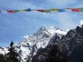 Himalayan prayer flags and mountains up in front