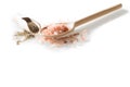 Himalayan salt and pepper on the wooden spoons and white background Royalty Free Stock Photo