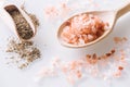 Himalayan salt and pepper on the wooden spoons and white table Royalty Free Stock Photo
