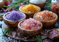 Himalayan salts in wooden bowls on table Royalty Free Stock Photo