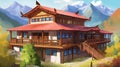 Himalayan Traditional House Design: Anime-Inspired Illustration with Vibrant Colors, Generative AI