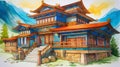 Himalayan Traditional House Design: Anime-Inspired Illustration with Vibrant Colors, Generative AI