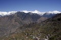 Himalayan village Sarahan situted in a valley of snowcapped mountains Royalty Free Stock Photo