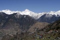 Himalayan village Sarahan situted in a valley of snowcapped mountains Royalty Free Stock Photo