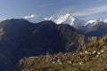 Himalayan village Sarahan situted in a valley of snowcapped mountains Royalty Free Stock Photo