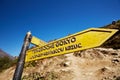 Wooden signpost in a mountain park, showing the way to Tengboche and Gokyo, a small Nepalese village with infrastructure for hiker