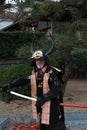 Man in Samurai Dress, Tourist Can be take a photo to keep a memorial at Himeji Castle.