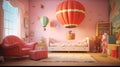 himsical and imaginative girls\' bedroom with a 3D background view of a hot air balloon adventure, inspiring young minds