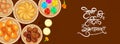 Hindi Lettering of Happy Holi Wishes with Top View Of Various Indian Sweets, Traditional Drink Thandai and Cempasuchil Decorated