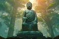 Hindu ancient religious buddha statue in dense tropical forest jungle