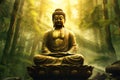 Hindu ancient religious buddha statue in dense tropical forest jungle.