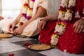 Hindu bride and groom with long garlands of flowers. Beautiful traditional Indian wedding ceremony. Hindu wedding. indian Royalty Free Stock Photo