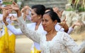 Hindu celebration at Bali Indonesia, religious ceremony with yellow and white colors, woman dancing. Royalty Free Stock Photo