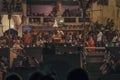 Hindu ceremony in Varanasi as seen from a boat by night, India