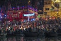 Hindu ceremony in Varanasi as seen from a boat by night, India
