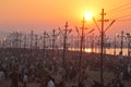 Hindu devotees come to confluence of the Ganges River for holy dip during the festival Kumbh Mela Royalty Free Stock Photo