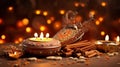 hindu diwali decorations and accessories, in the style of light brown and dark amber, serene and peaceful ambiance