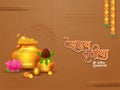 Hindu festival Akshaya Tritiya concept with hindi written text Akshaya Tritiya wishes with golden kalash with full of gold coins