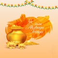 Hindu festival Akshaya Tritiya concept with Akshaya Tritiya wishes, golden kalash with full of gold coins, golden lotus, and