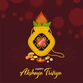 Hindu festival Akshaya Tritiya concept with wishes, golden kalash with full of gold coins and ornaments