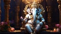 Hindu god Ganesha with elephant head seated on a royal throne representing wisdom and learning in Hindu mythology