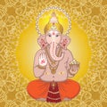 Hindu god Ganesha on a gold mandala background. Sign OM on his h