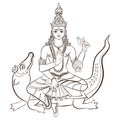 Hindu God Varuna sitting on the crocodile. Vector illustration.