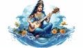 hindu goddess saraswati mata with her sitar on white background Royalty Free Stock Photo