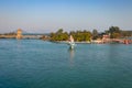 Hindu goddess statue in the middle of ganges river with flat sky