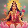 hindu laxmi goddess sitting on lotus generative AI