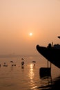 A hindu man praying during sunrise on the river Ganges in Varanasi, India. Fog, seagulls and boat silhouettes Royalty Free Stock Photo