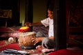 A Hindu musical group play together in a temple in Kathmandu Nep