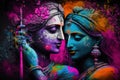 Hindu mythological couple Krishna and Radha playing Holi festival. Generative Ai