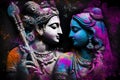 Hindu mythological couple Krishna and Radha playing Holi festival. Generative Ai