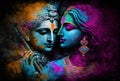 Hindu mythological couple Krishna and Radha playing Holi festival. Generative Ai