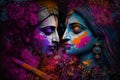 Hindu mythological couple Krishna and Radha playing Holi festival. Generative Ai