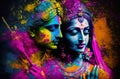 Hindu mythological couple Krishna and Radha playing Holi festival. Generative Ai