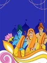 Hindu Mythology Lord Rama With His Wife, Brother Lakshman Character And Copy Space On Blue Temple Or Ayodhya View