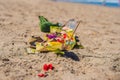 Hindu offerings and gifts to god on the beach in Bali, Indonesia Royalty Free Stock Photo