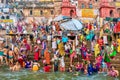 Hindu pilgrims bathing on the ghats of Varanasi, India.