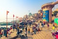 Hindu pilgrims and tourists gather in the square of Dasashvamedh Ghat on the bank of Ganges River