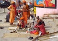 Hindu piligrim sadhu in orange clothes on the streets in India