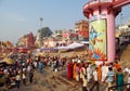 Hindu piligrims in orange clothes in Varanasi