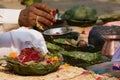 Hindu priest's hand during Shivaratri festival, Nepal