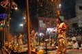 Hindu priests perform an aarti in Varanasi, India.
